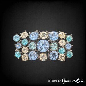 Vintage Blue Aqua Rhinestone Brooch Black Tone Pin